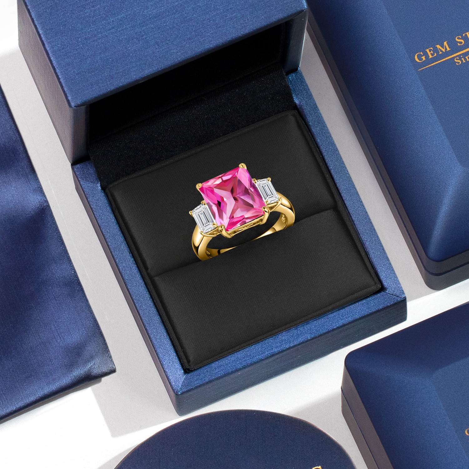 18K Yellow Gold Plated Silver Pink Created Sapphire and Lab Grown Diamond