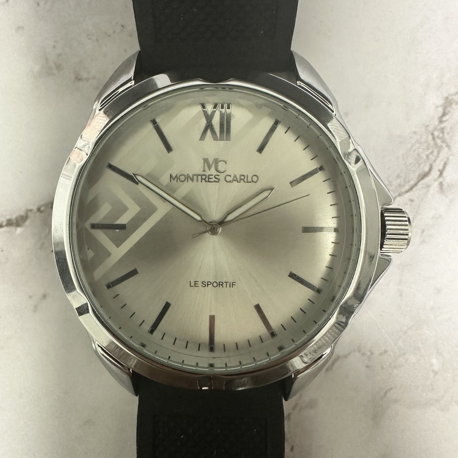 Montres Carlo Watch Men Silver Tone Black Silicone Band 50MM New Battery 10″