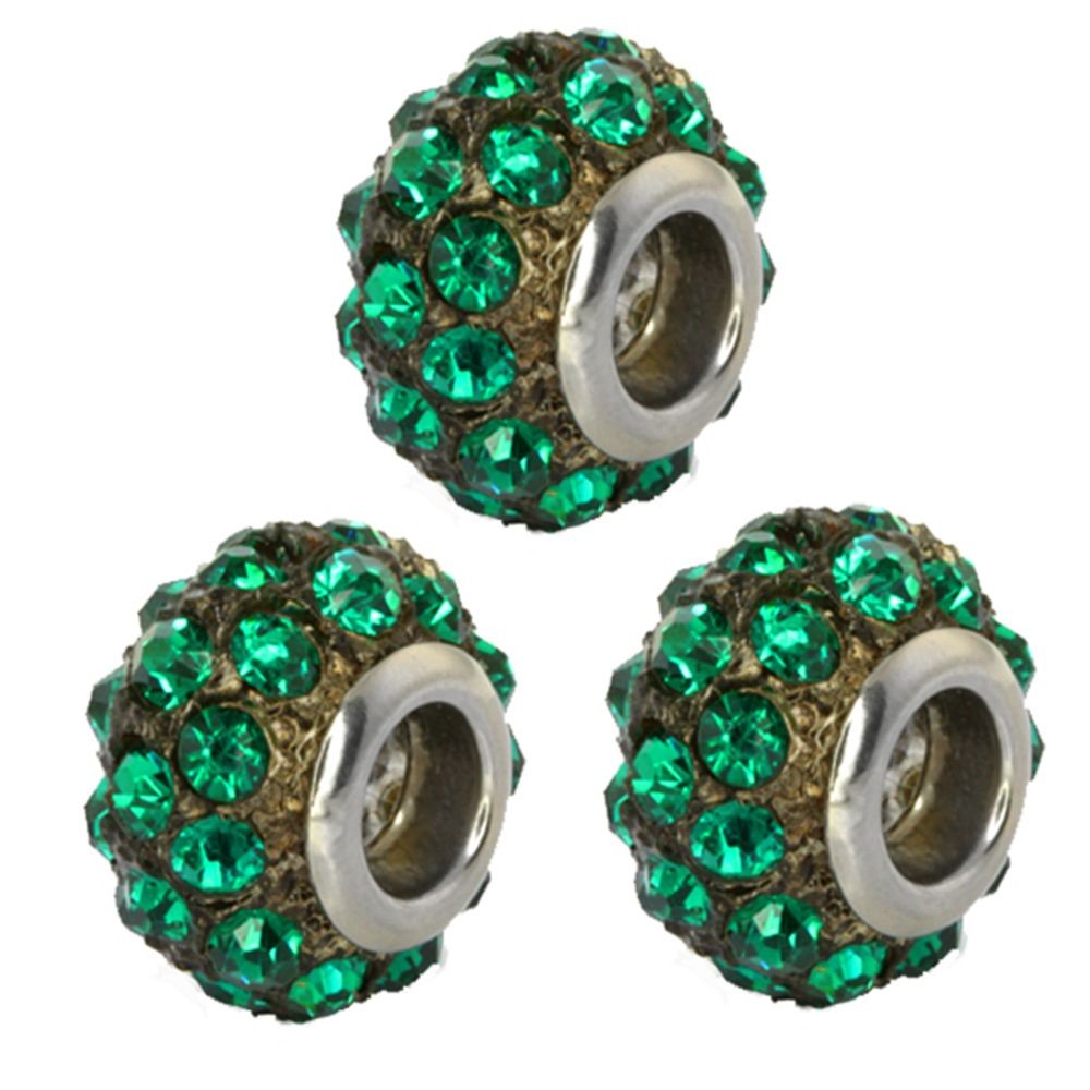 Set of Three 14mm Round Green Pave Crystal Disco Ball Fits with Beads and Charms