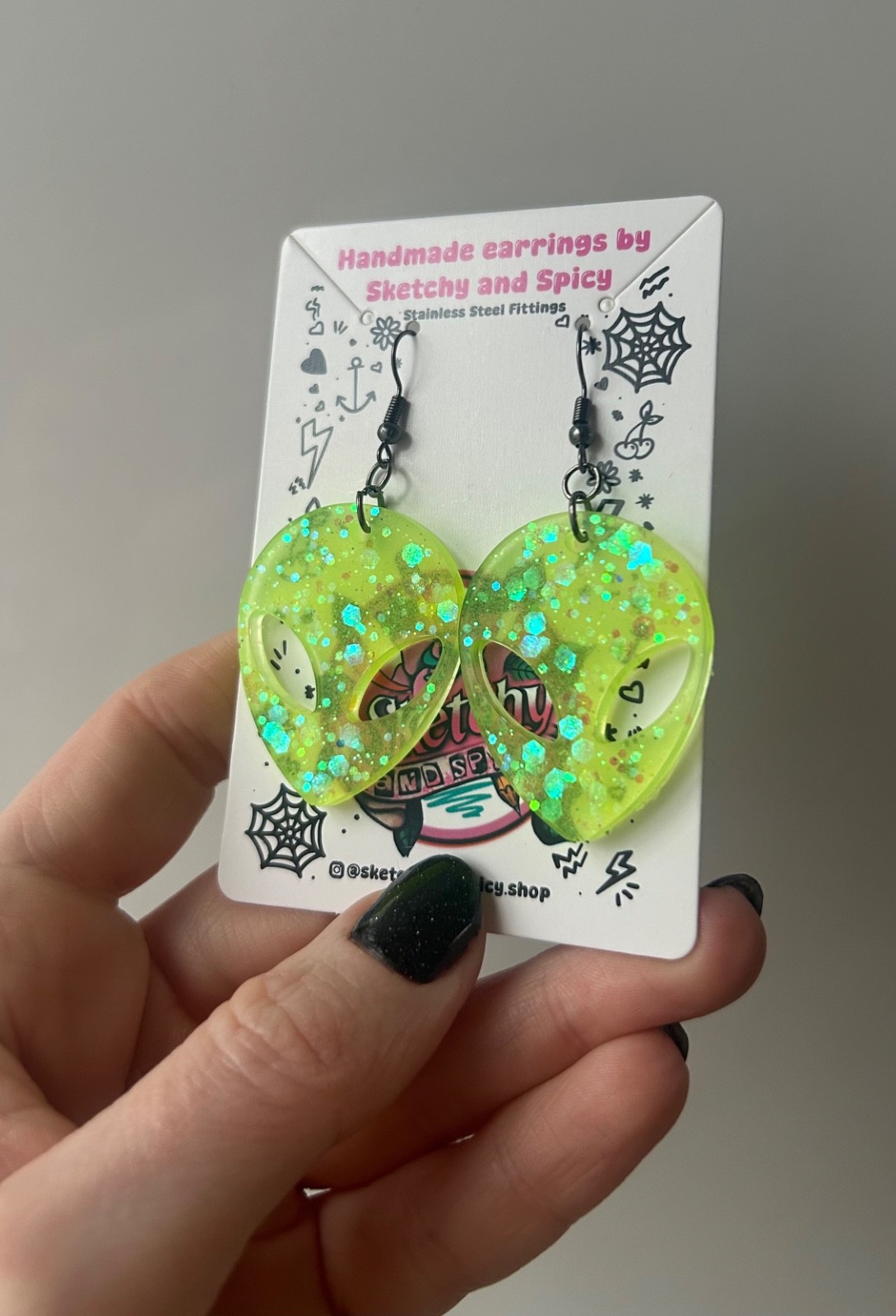 Glow in the Dark Alien Head Earrings – Neon Glitter Resin – Stainless Steel