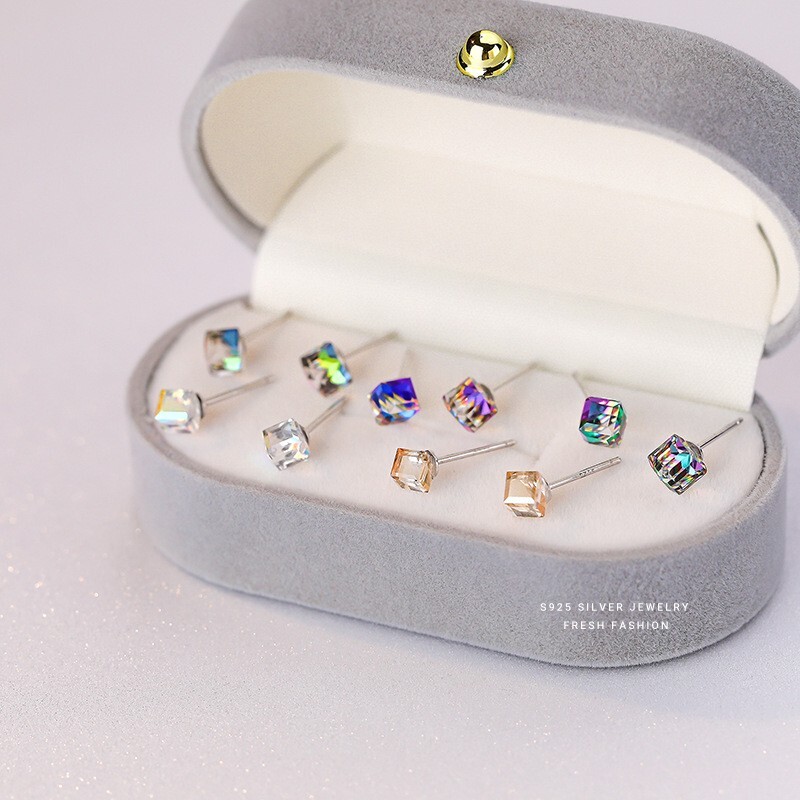 925 Sterling Silver Cube Crystal HYPOALLERGENIC Stud Post CZ Earrings 5mm J7