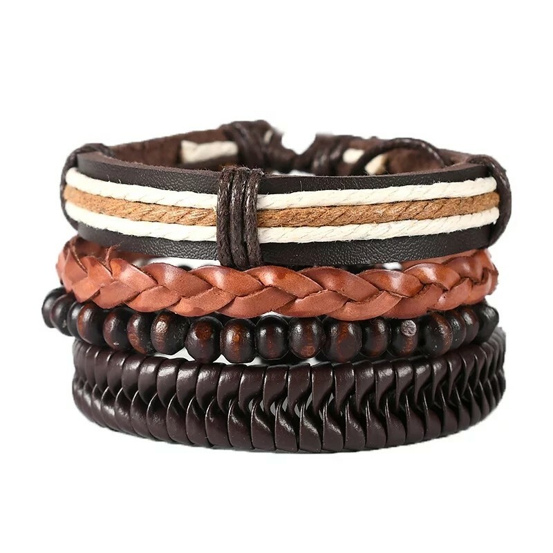 New 4PC Men’s Bracelet Cowhide Bracelet New Retro Simple Hand Woven Suit Leather