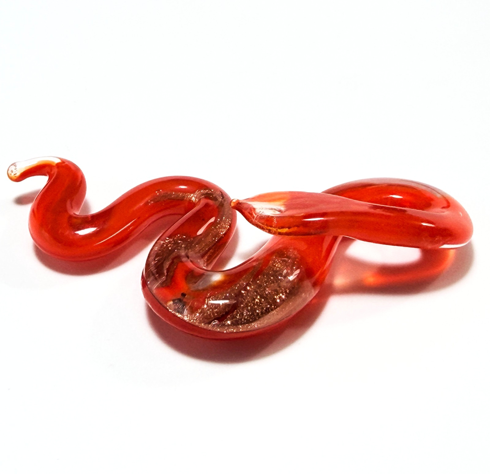 Red Lamp Work Snake with Gold Aventurina Art Glass Pendant 2 1/2 inches EUC