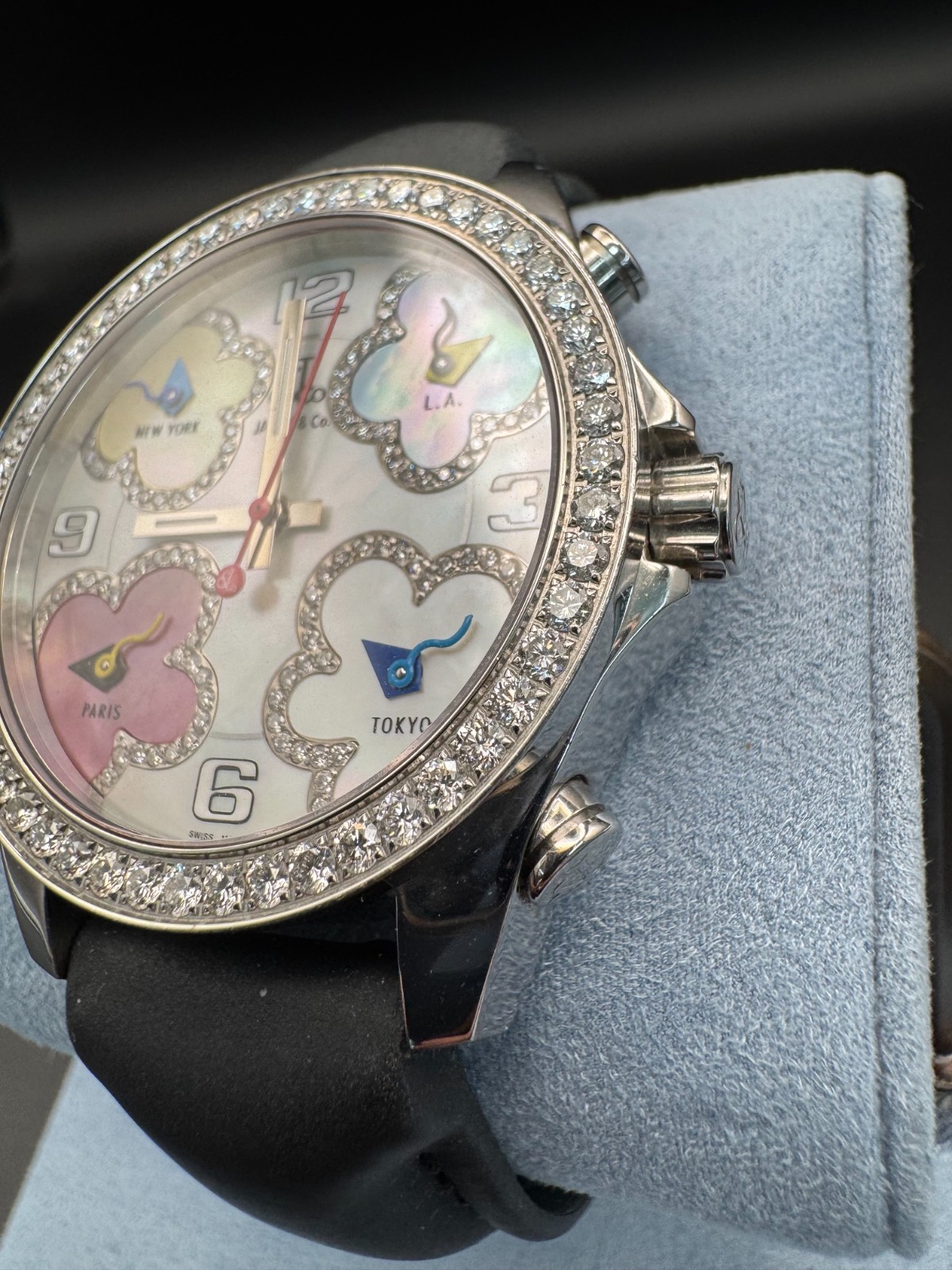 Jacob & Co five time zone watch mother pearl dial with four vibrant flower shape