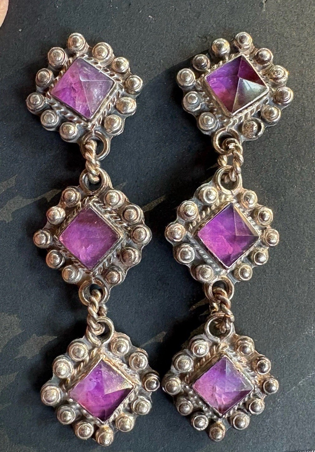 Vintage Pyramid Amethyst Sterling 2.75” Earrings 32g signed NM 925 Mexico RARE