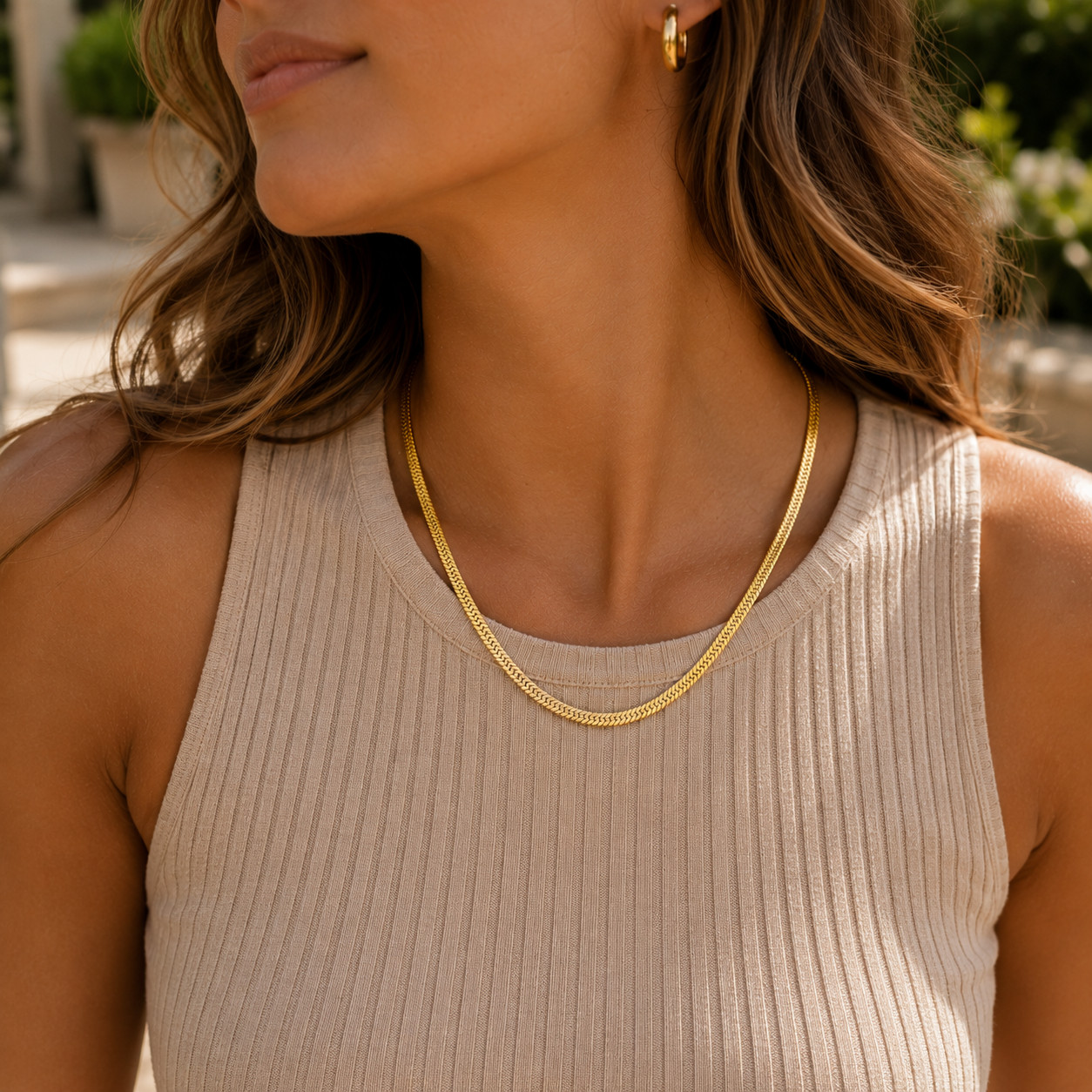 18K Gold Plated Herringbone Necklace for Women & Men, Premium Stainless Steel Fl