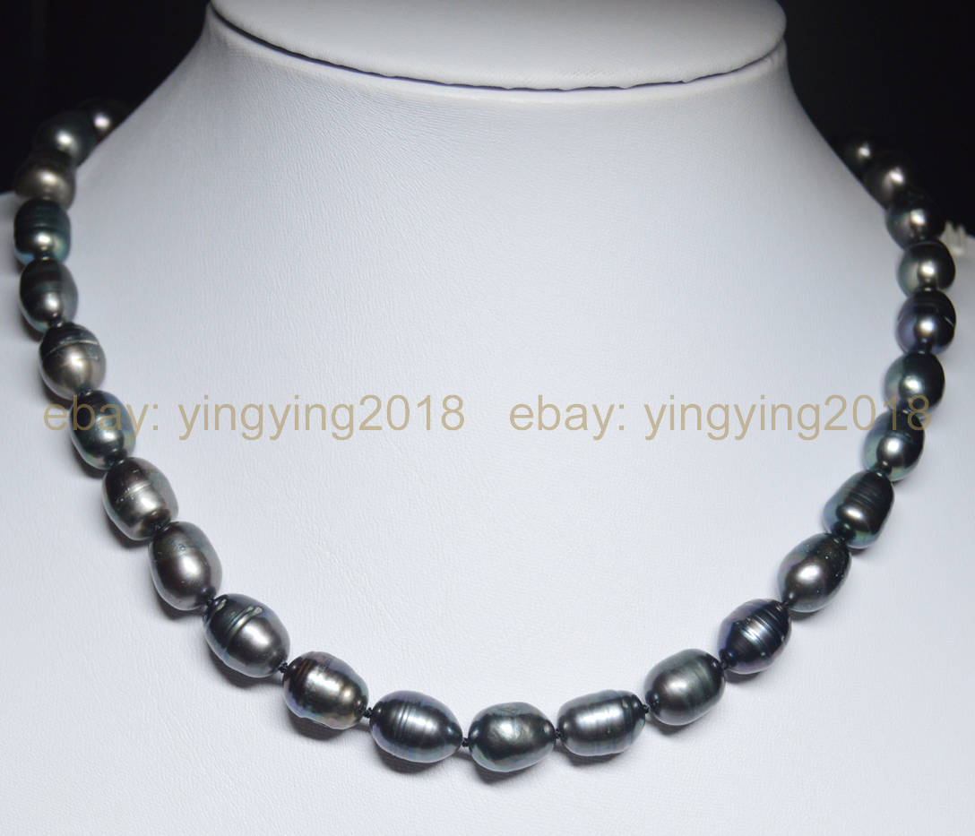 Long 20 inches NATURAL 10-11MM RICE BAROQUE BLACK FRESHWATER PEARL NECKLACES