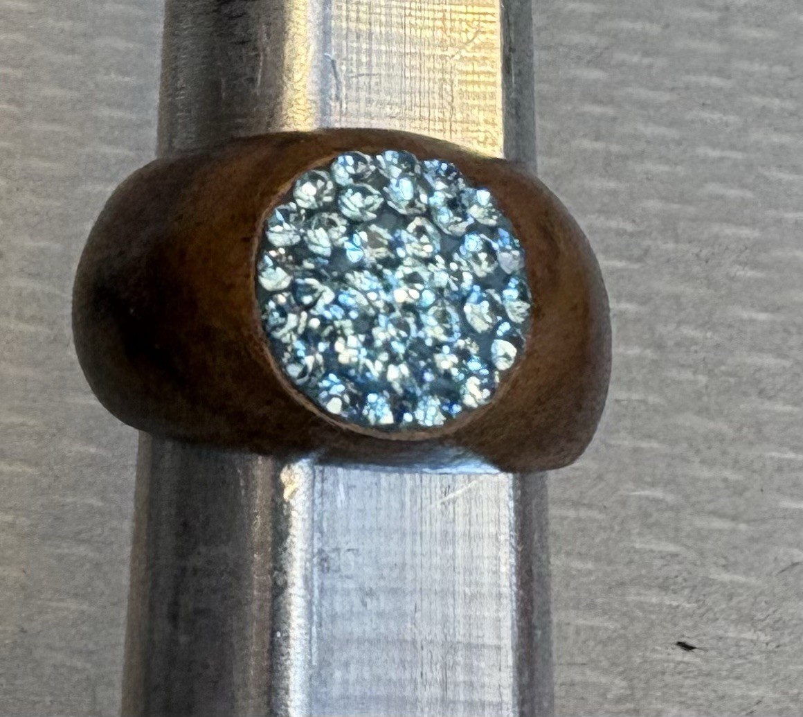 Walnut Wood Ring Aqua Swarovski Crystal Pave Set Dome size 7.25