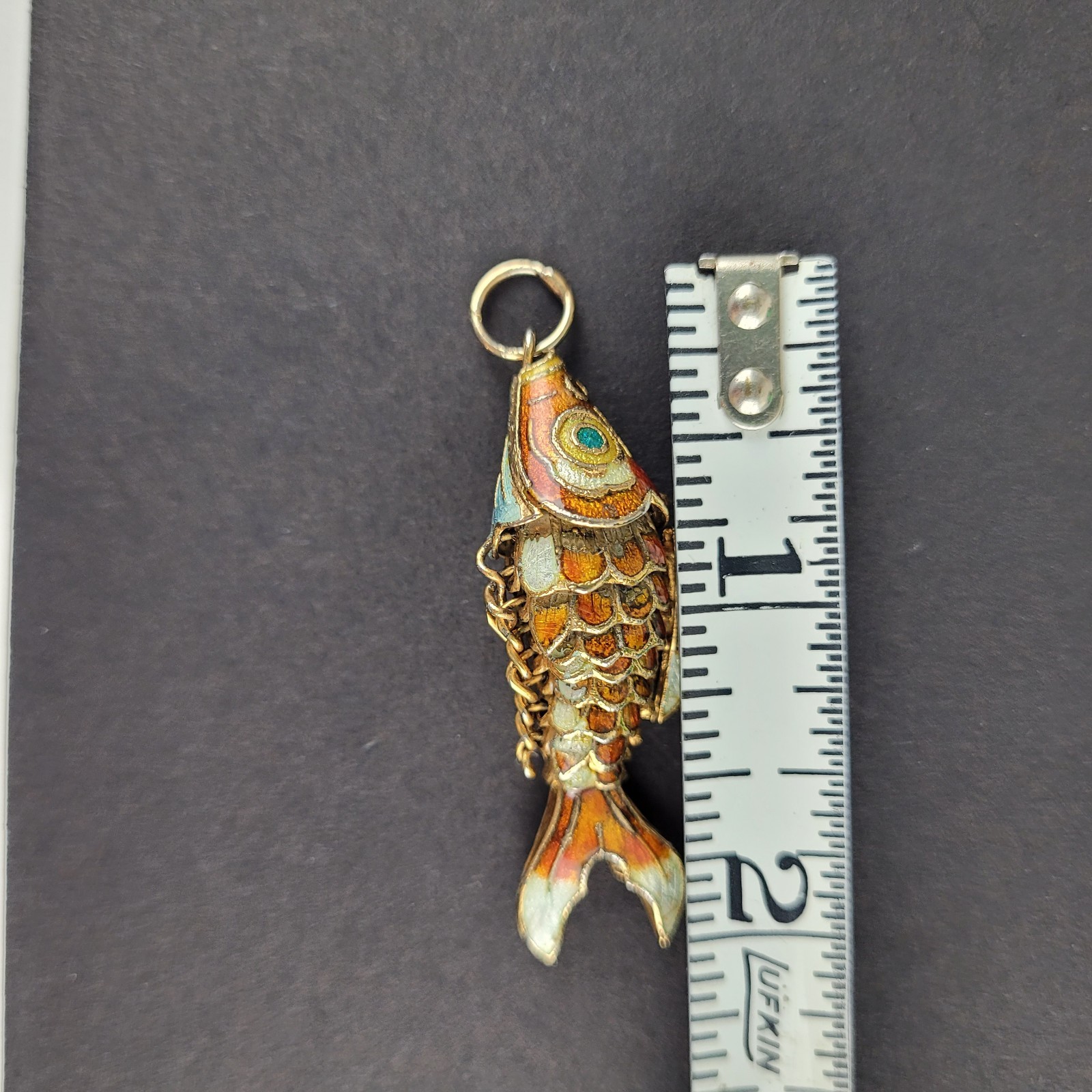 Chinese Gold Gilt Orange Enamel Cloissone Tropical Wiggly Fish Charm Pendant 2″