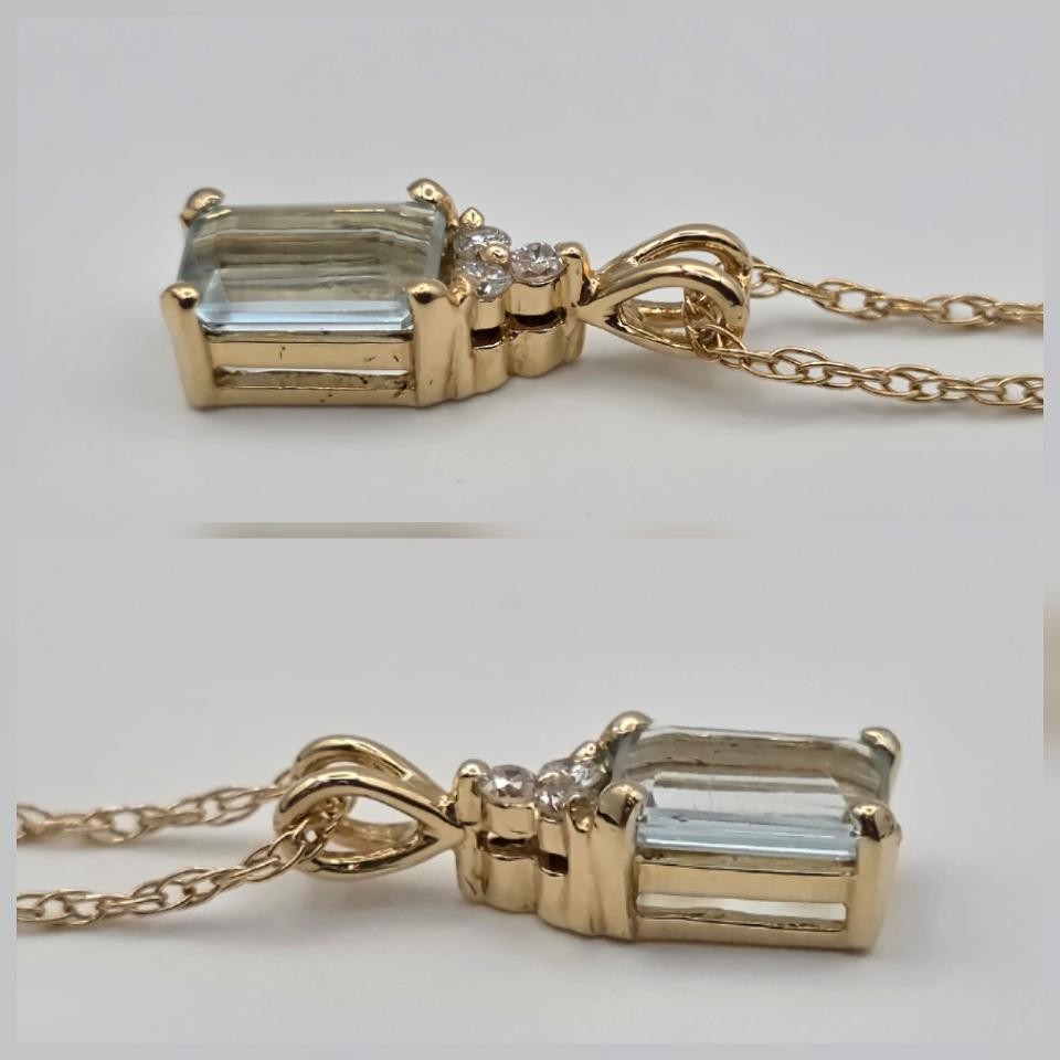 16″ 14K Yellow Gold Emerald-Cut Aquamarine & Diamond Accent Pendant Necklace