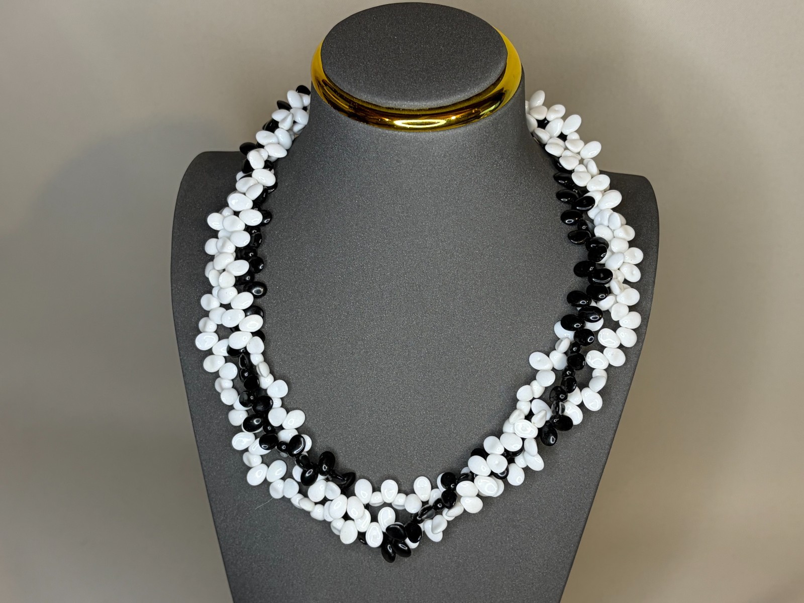 Vintage 1960s Black White Multi Strand Cluster Bead Torsade Necklace Fold Over C