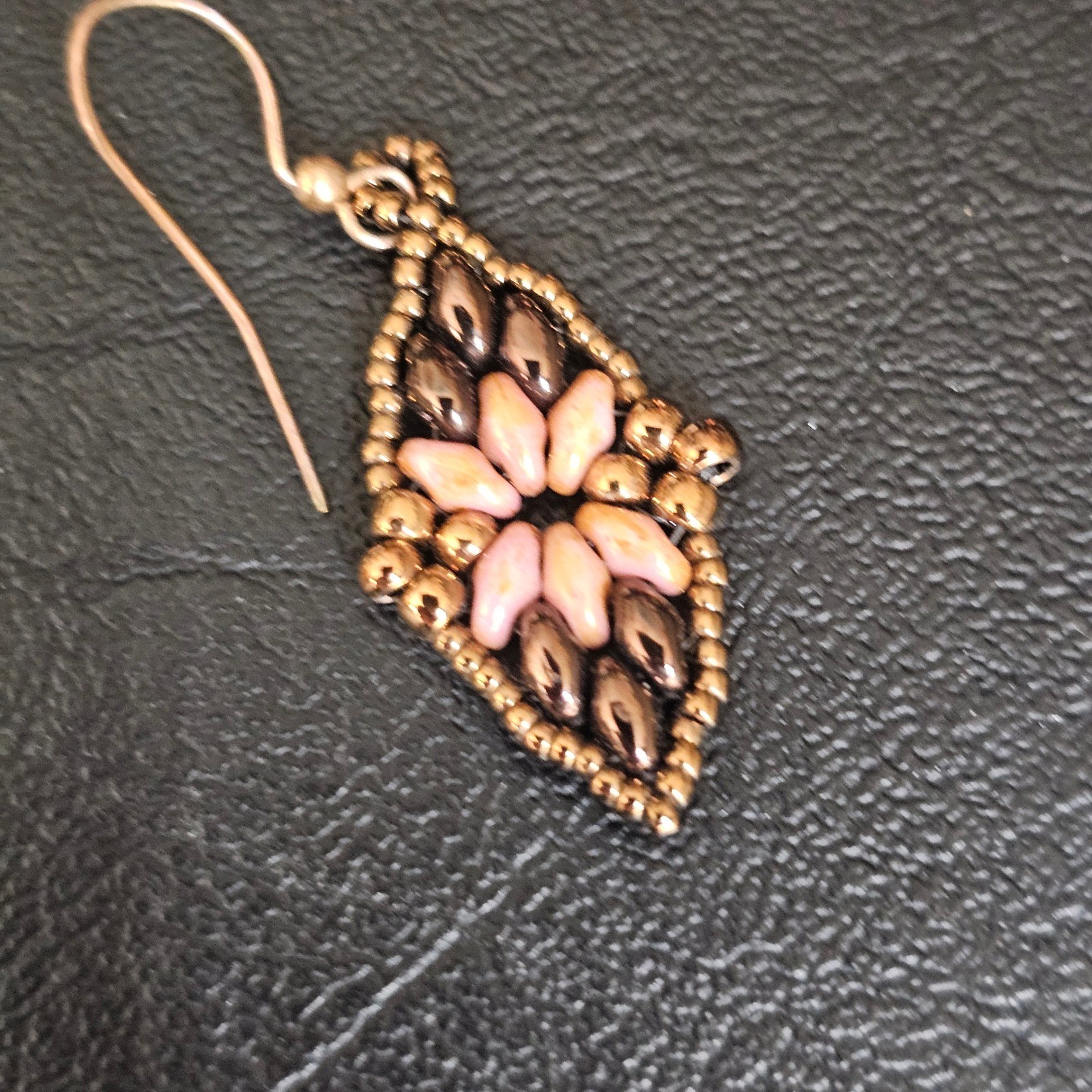 Beaded Floral Boho Dangle Earrings Mauve Purpleish Bronze Tones Earthy