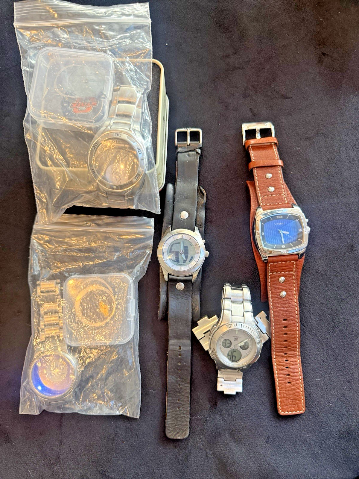 Vtg Fossil Watch Lot Big Tic JR-8263 AM-3695 BQ-9068 Blue Running + Parts/Repair
