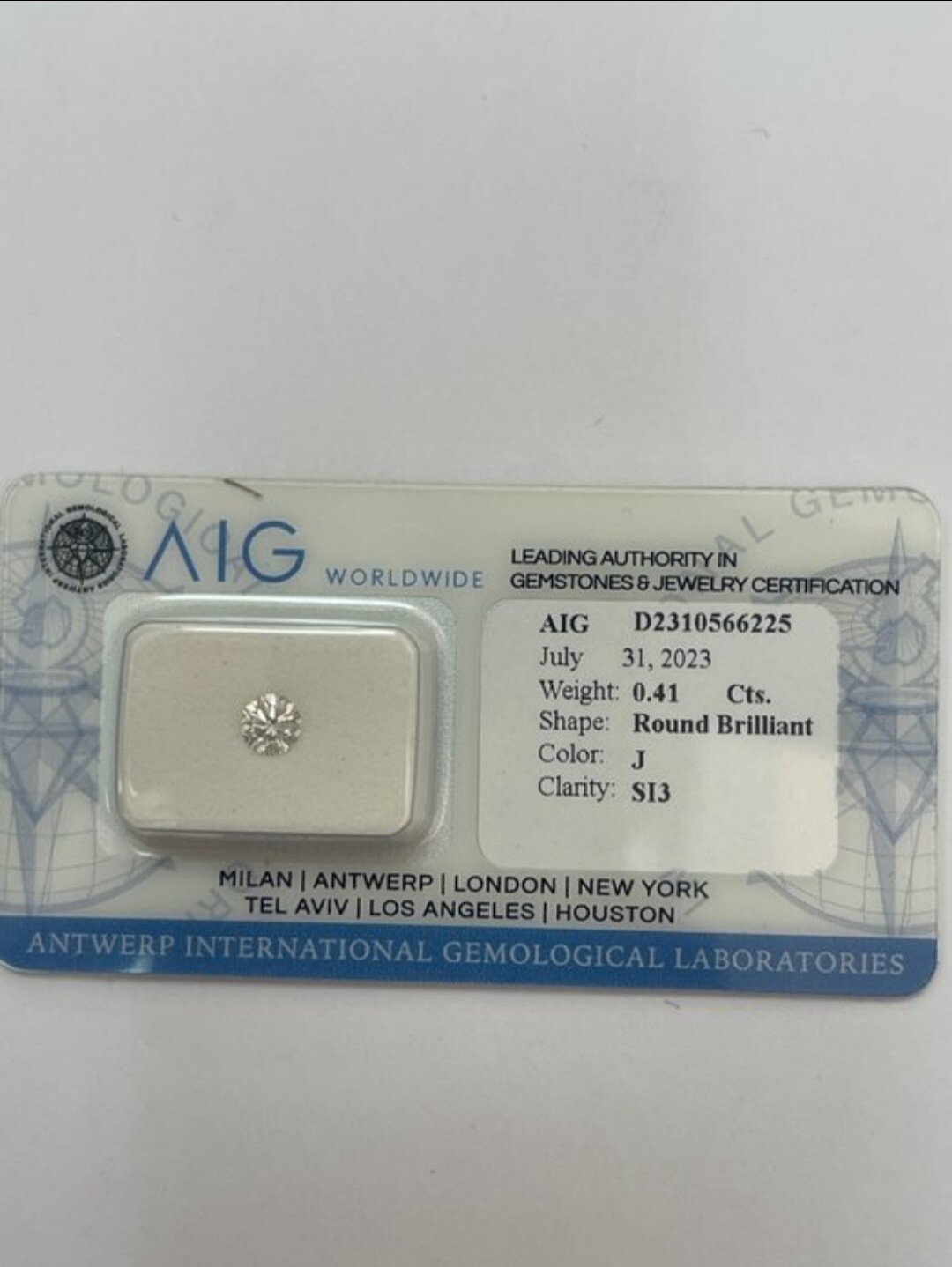 100% Natural Diamond, Unmodified, AIG Certified, 0.41 ct. in blister
