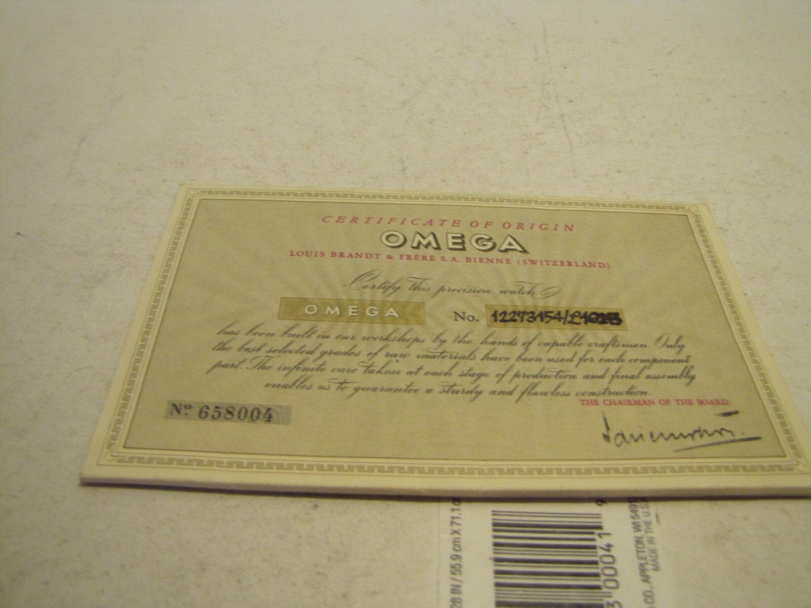 1951 OMEGA WORLD SERVICE GUARANTEE CERTIFICATE OF ORIGIN