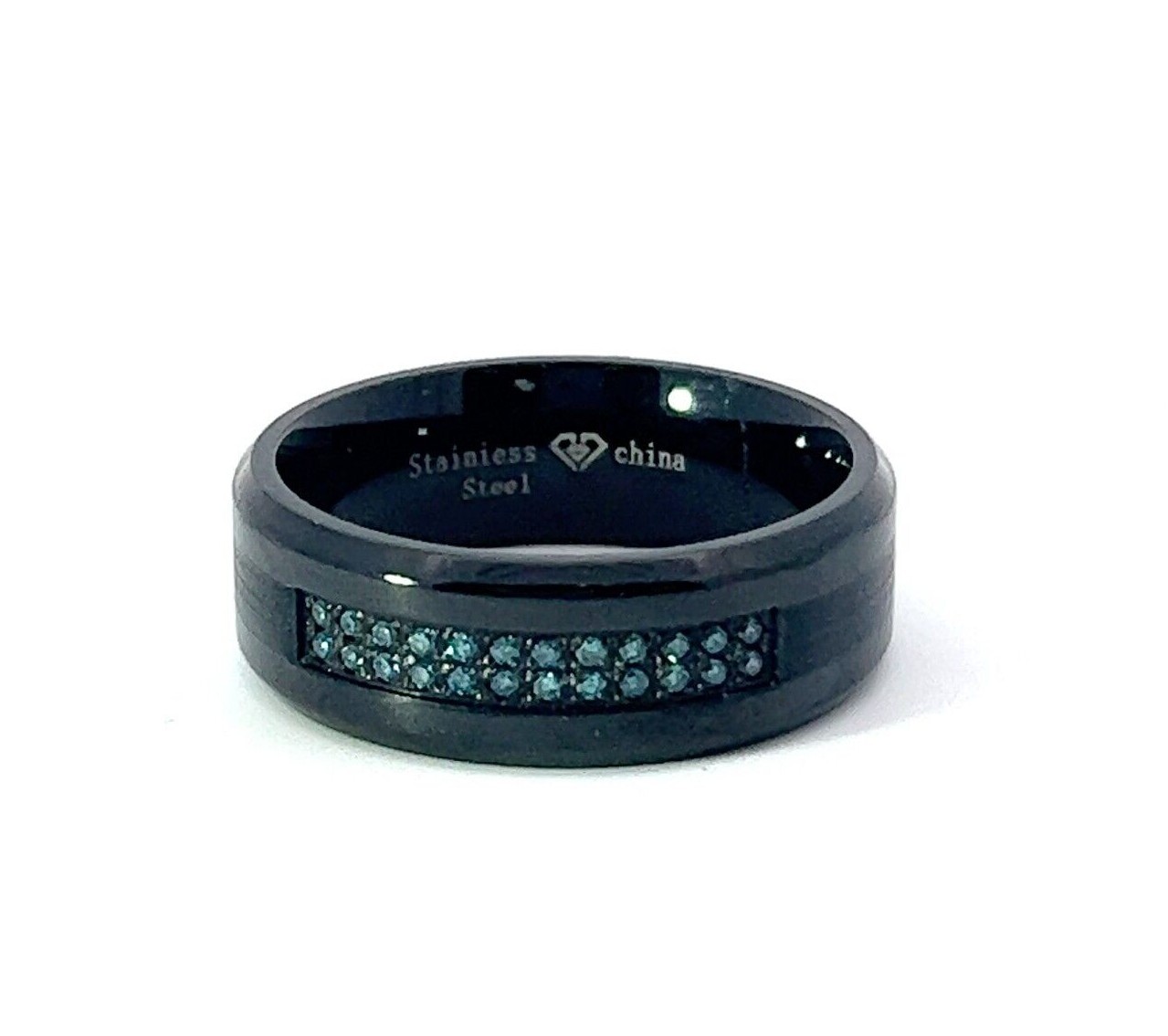 Black Stainless Steel 8mm Blue 0.14 CTW Diamond Band Ring