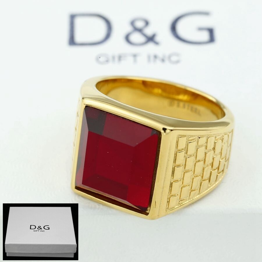 DG Men’s Gold plated,Stainless Steel,Red Cubic zirconia Ring 8,9 10 11 12 13.Box