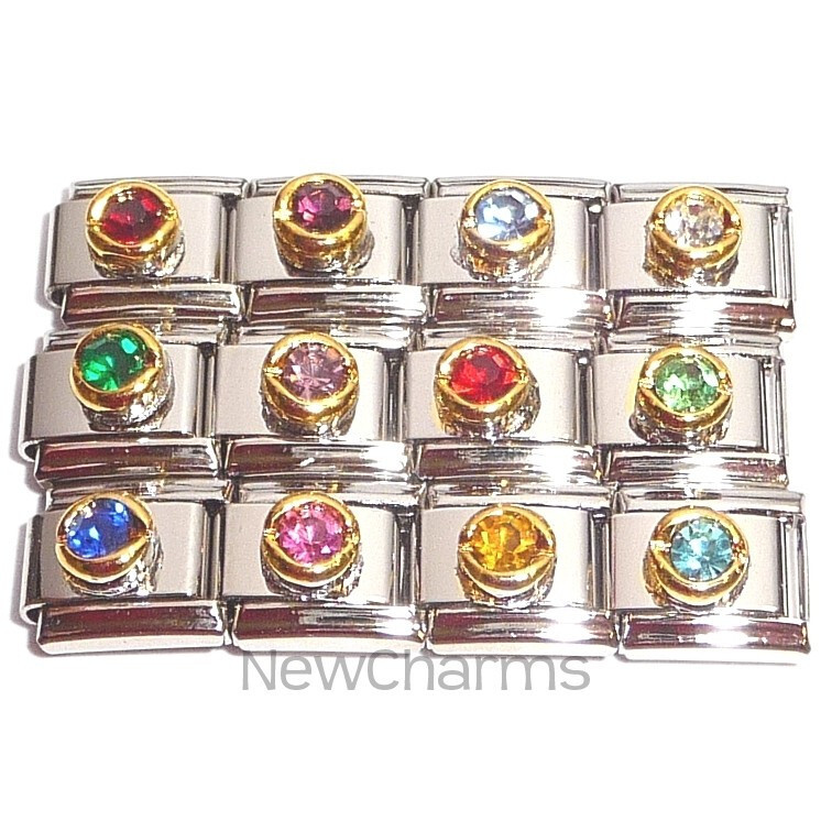 Set of 12 Round Stone Italian Charms Birthstone Inspired Colorful Links MIX161