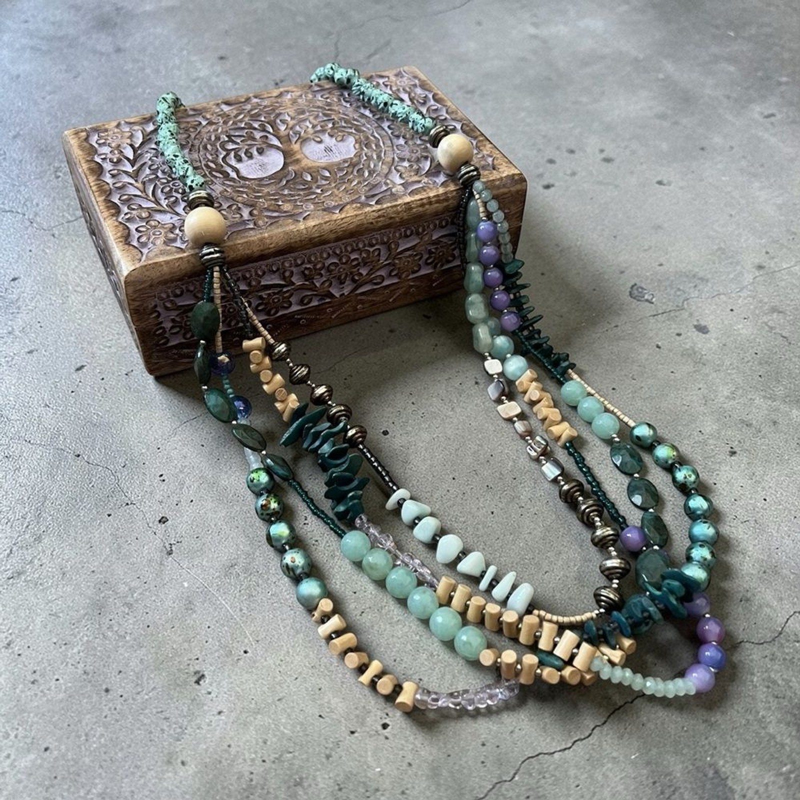 Chico’s Boho Multi-Strand Beaded Necklace in Turquoise, Teal & Lavender