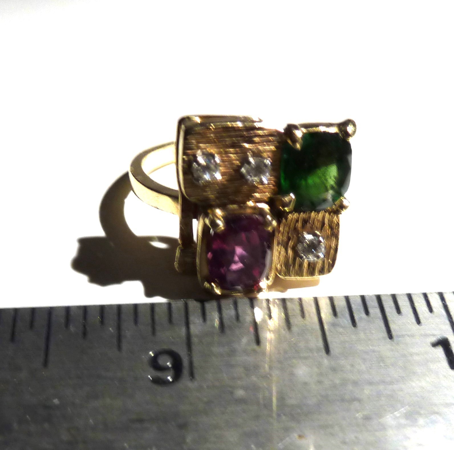 14K Vintage Gold Ring Diamonds Tourmaline Pink Green Semi Precious 6 1/2 8.2 gr