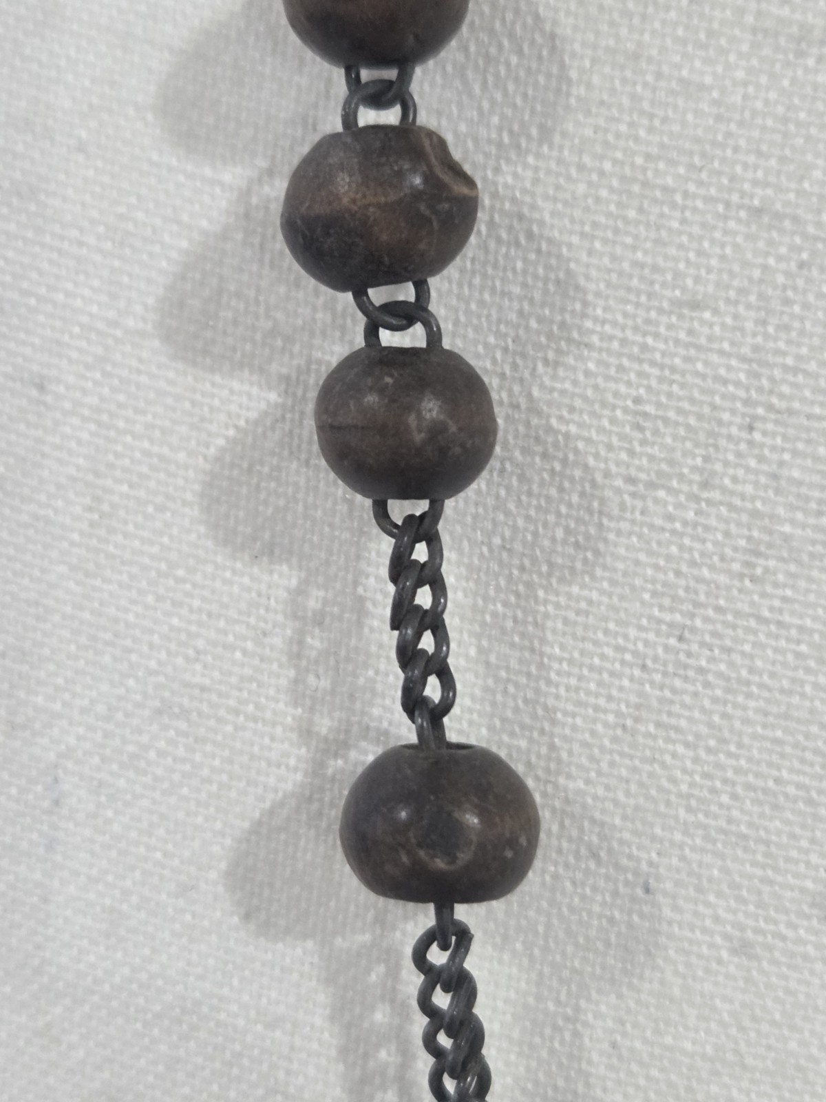 Antique French Wood Brass Rosary Beads & Cross 72cm Necklace 13cm To Cross