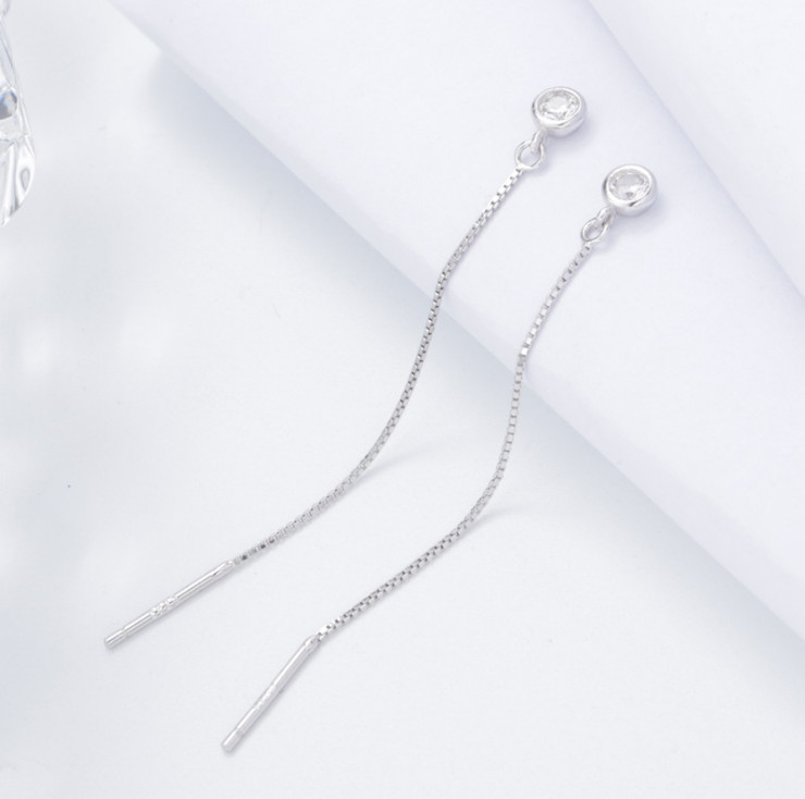 925 Sterling Silver Plated Tassel Threader Round CZ Dangle Drop Earrings I17