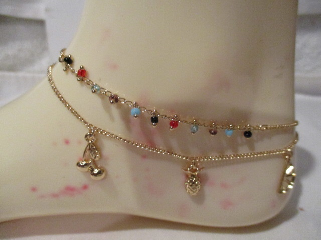 AVON Summertime Fun 2 Piece Anklet Set Goldtone “Fruits” 10″ Beaded w/3 Fruits