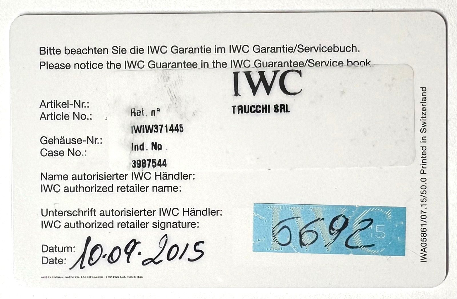 IWC Genuine International Warranty Cert With Model/Serial#/Dealer Stamp/Date