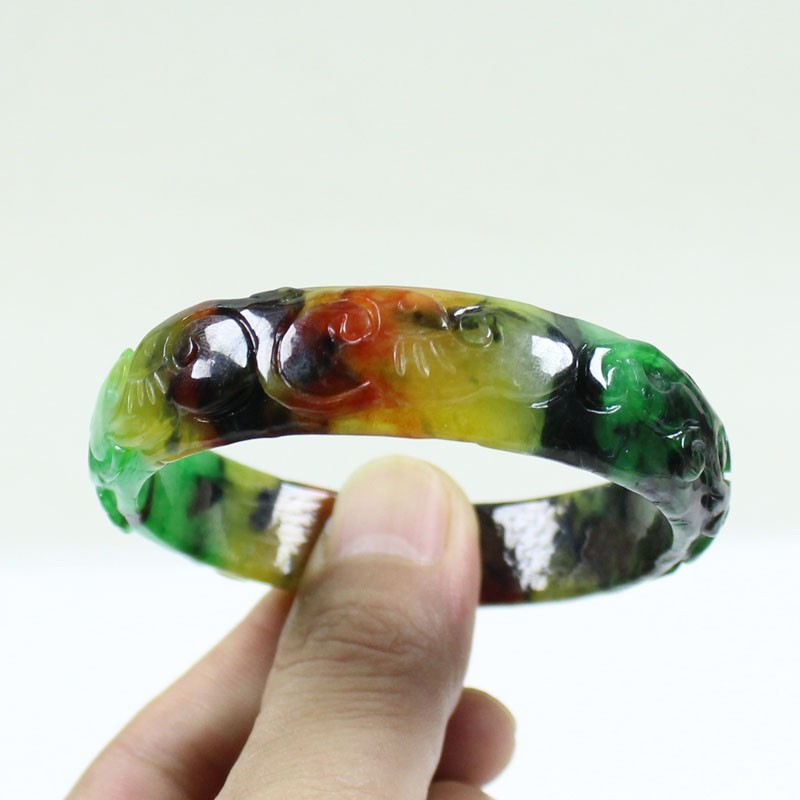 61mm Real Natural Ice Multicolor Burmese Jade jadeite Carving Bracelet Bangle