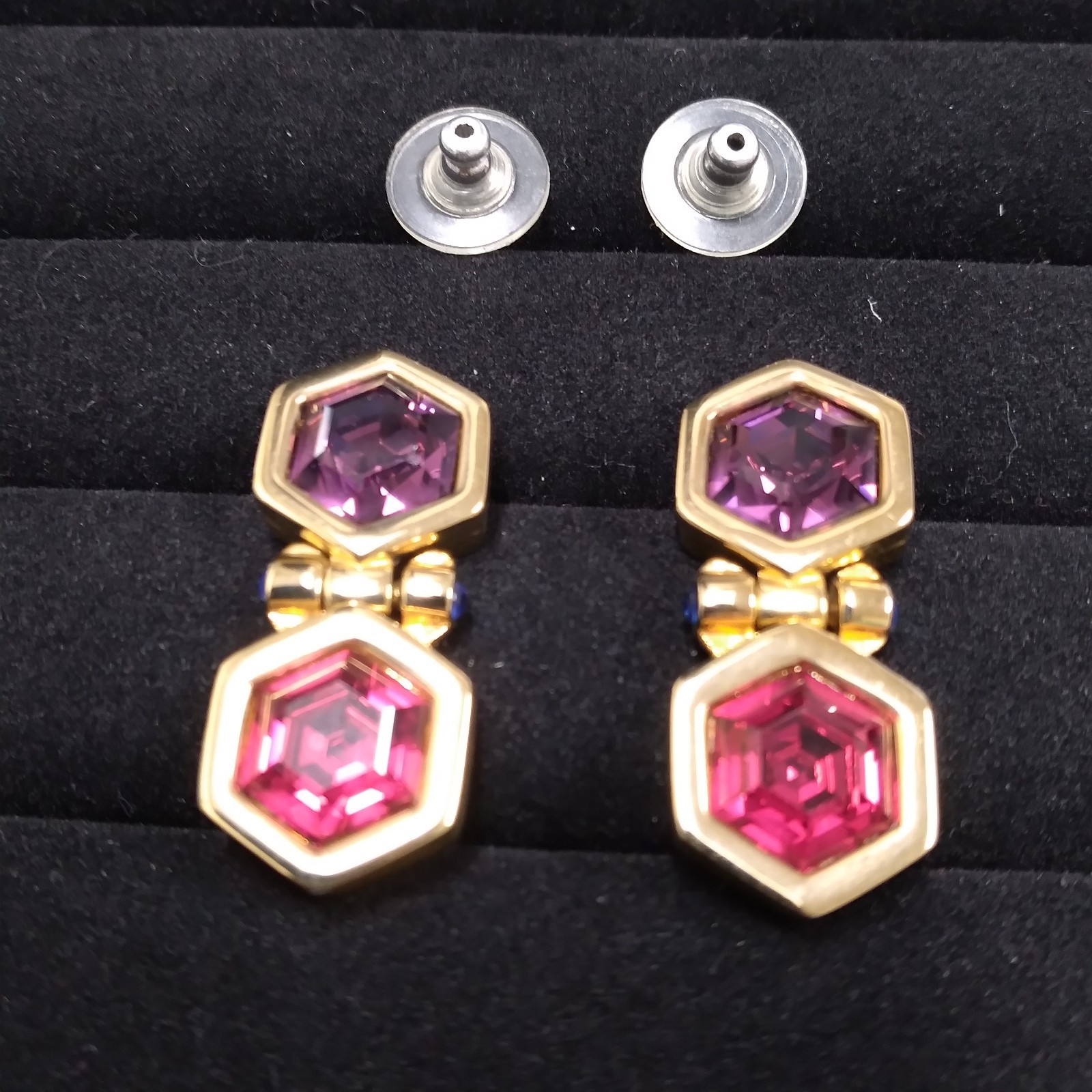 Swarovski Swan Purple Red Hexagon Shape Gold Tone Doorknocker Earrings Pierced