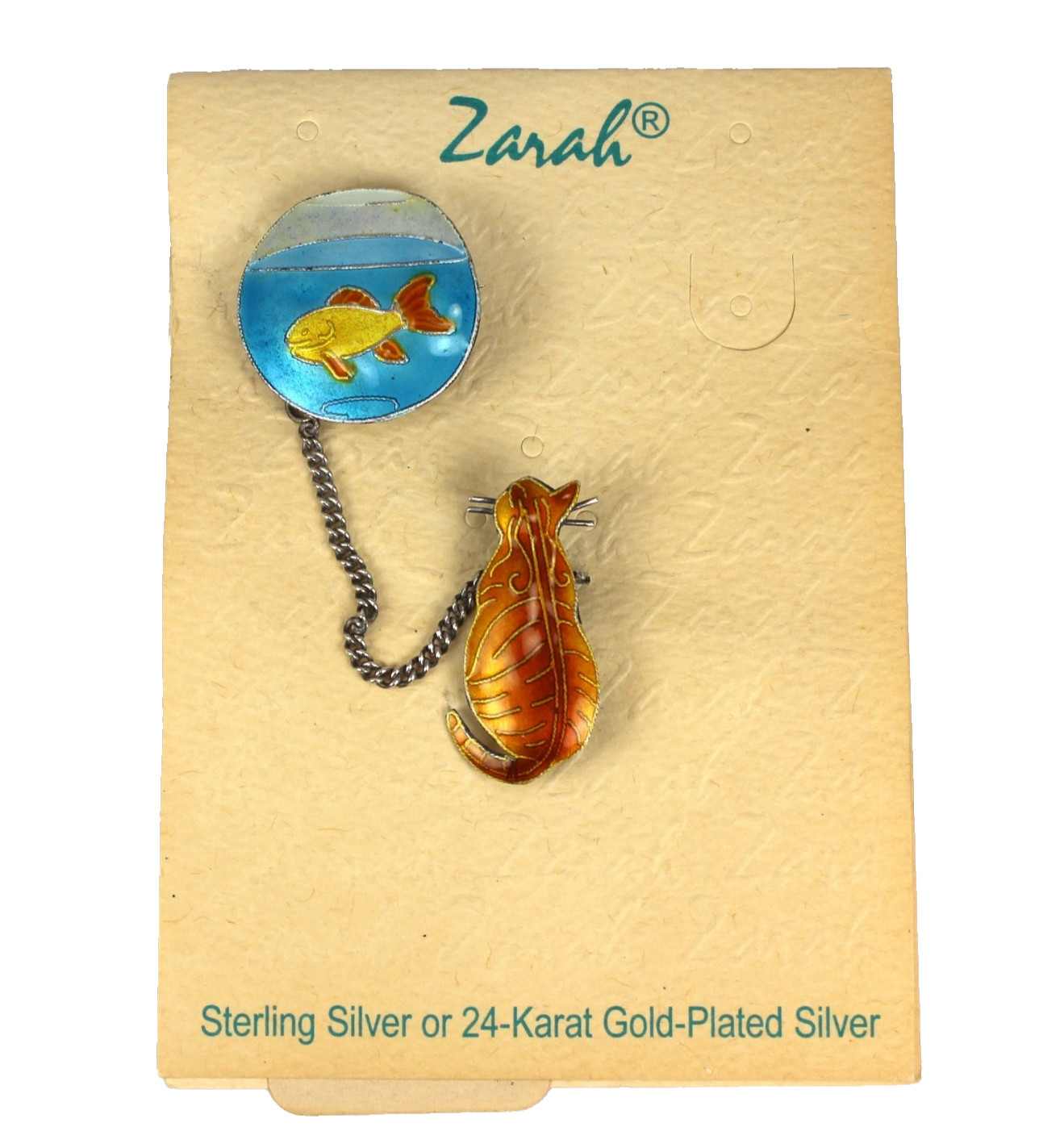 Vintage Zarah Cat Fish Bowl Brooch Chain Link Enamel Sterling Silver Pin NOS