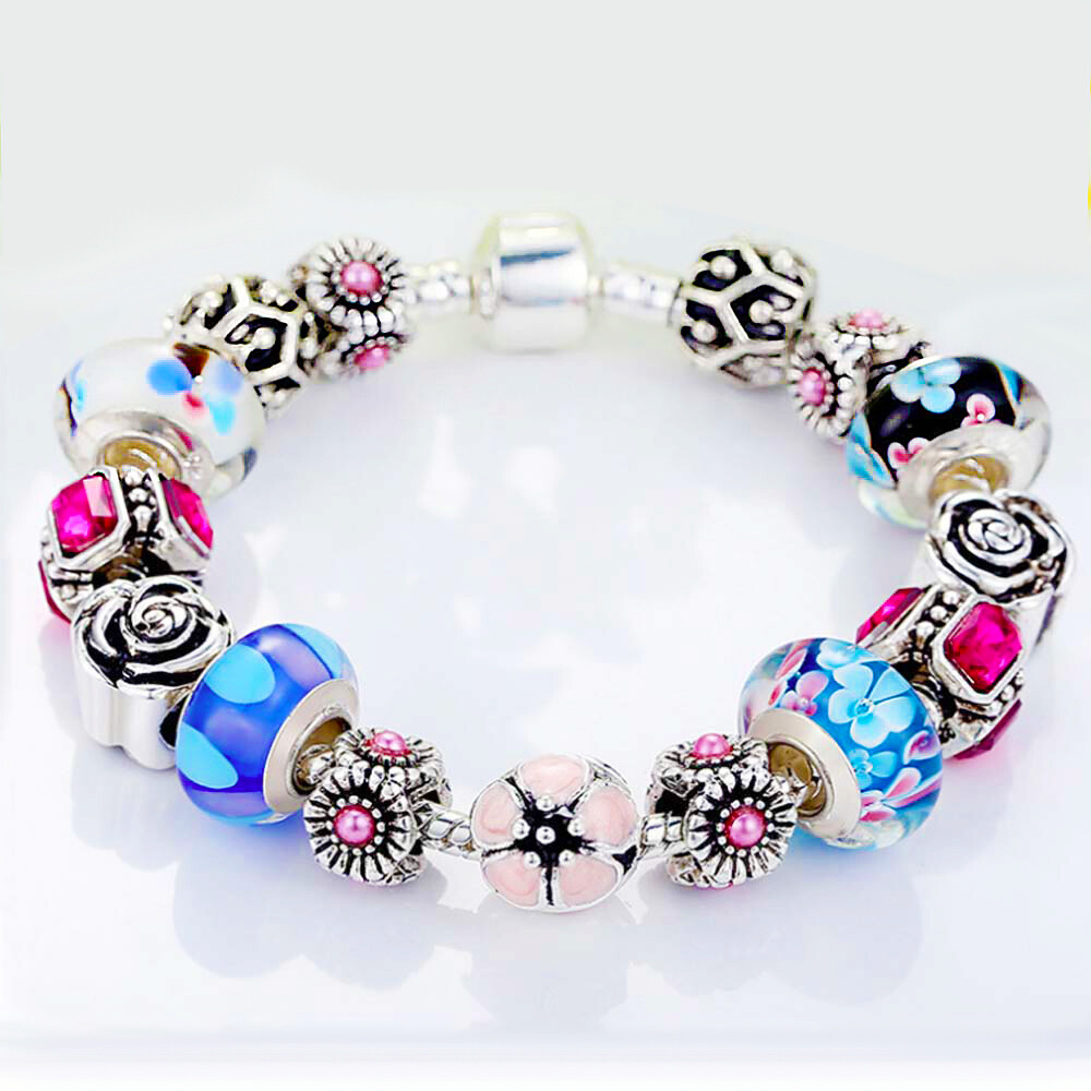 18K White Gold Plated Flower Crystal CZ Charm Bracelet Made with Swarovski