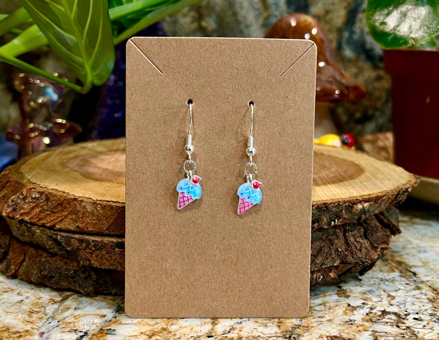 Sterling Silver Plated Ice Cream Cone Dessert Cute Kawaii Handmade Earrings