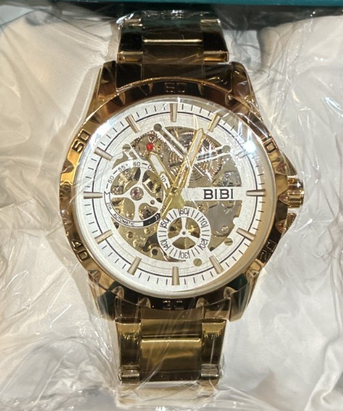 BIBI Automatic Skeleton Watch Gold Tone Stainless Steel NEW w/ Tags Luxury Style