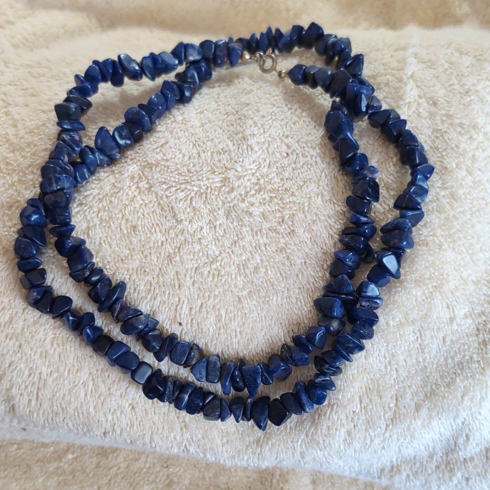 Blue Stone Chip Beaded Strand Necklace Ball/Bead Chain w/ Barrel Clasp
