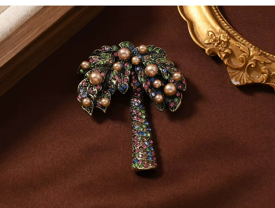 Baroque Palm Tree Brooch Crystal Rhinestone Coconut Pin Jewelry Gift Unisex