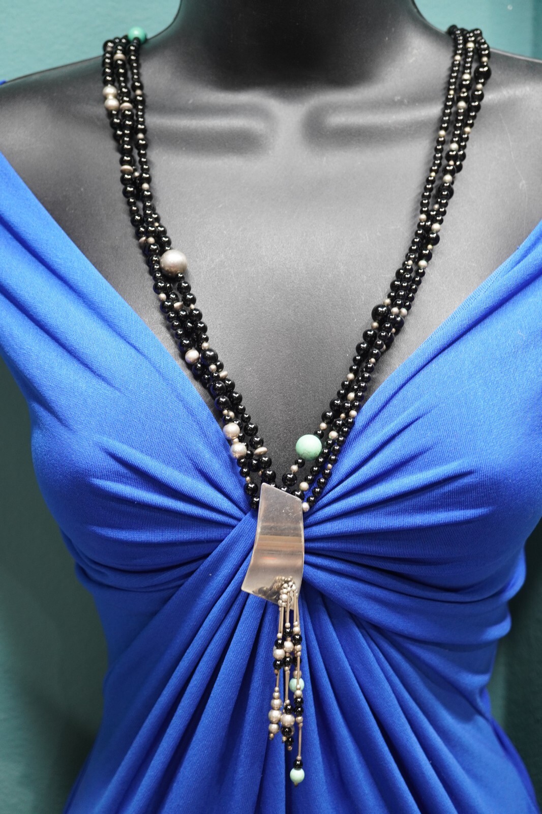 SUSAN CUMMINGS Sterling 3 Multi Strand Black Onyx Bead Necklace Pendant Signed