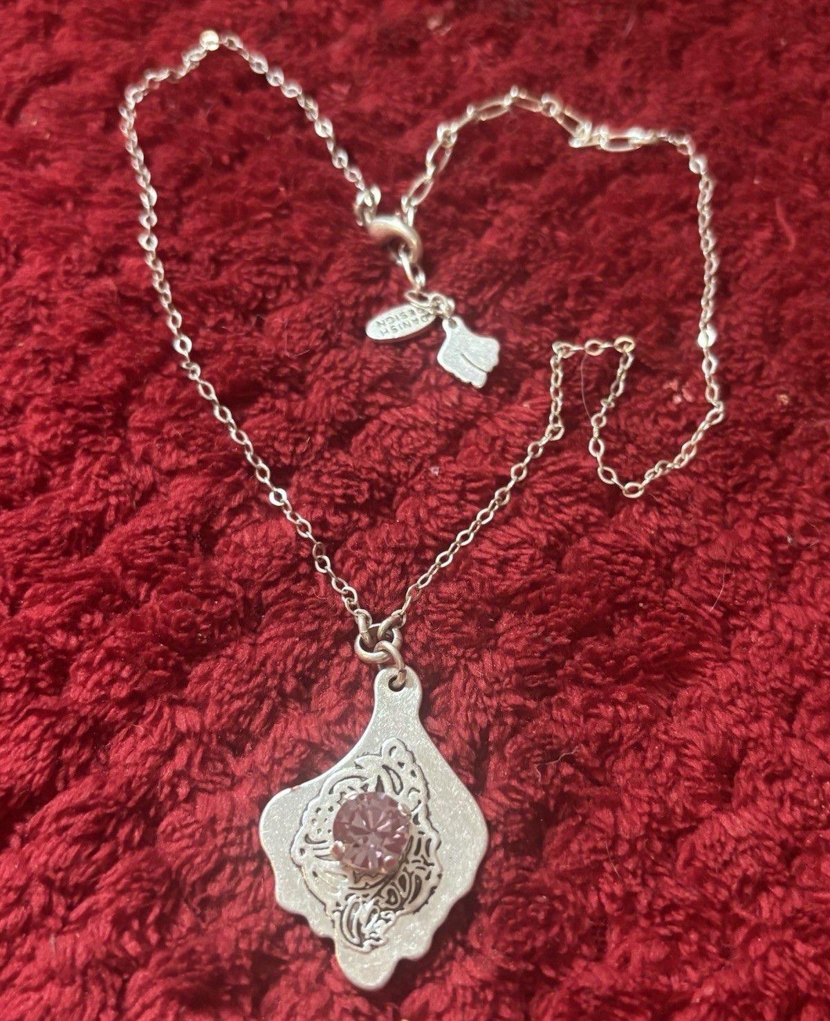 Pilgrim Danish Design Silver Tone Pendant Charm Necklace Mauve Crystal Signed