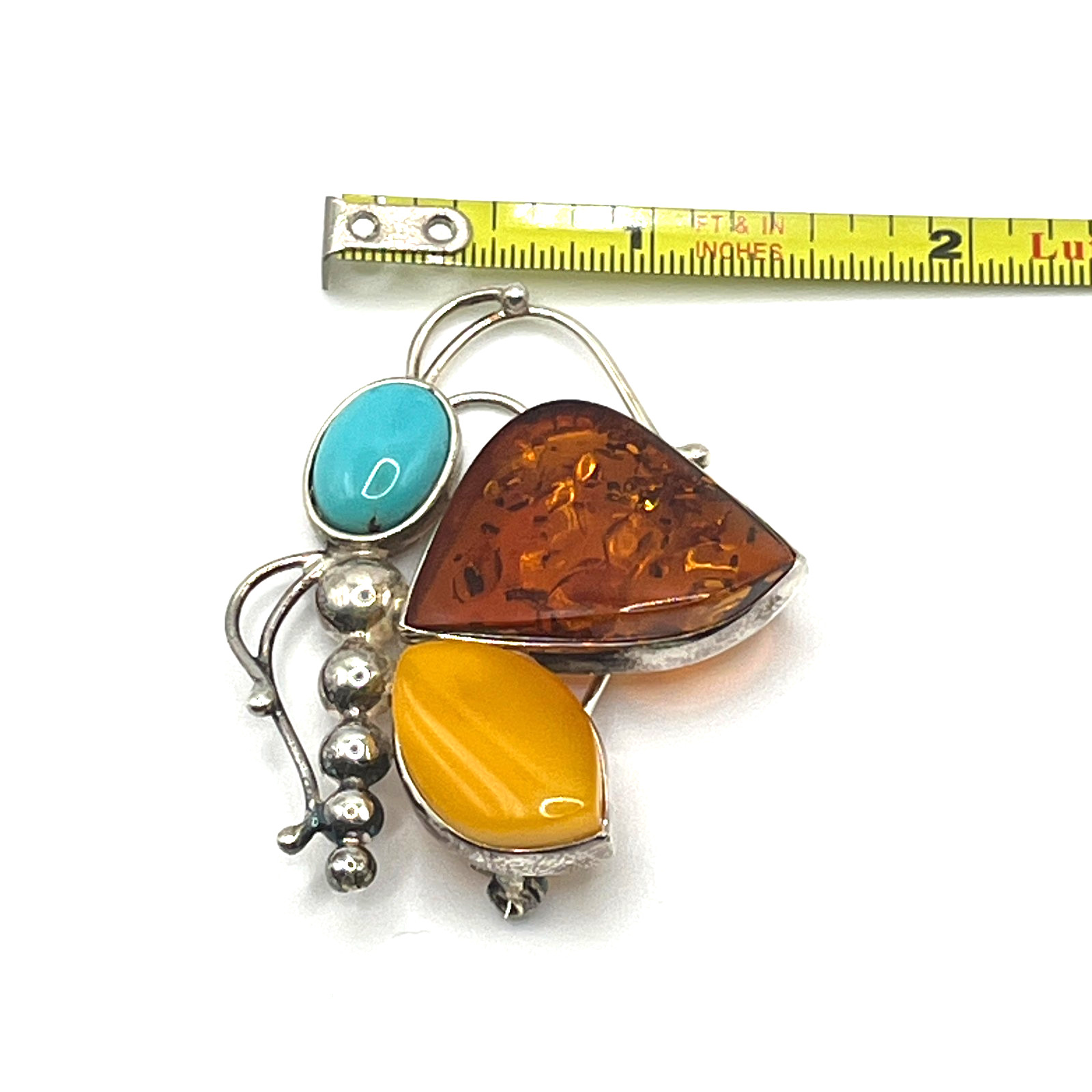 Brooch Valerio V8 Poland Baltic Amber Turquoise Butterfly 80s VTG Sterling 925