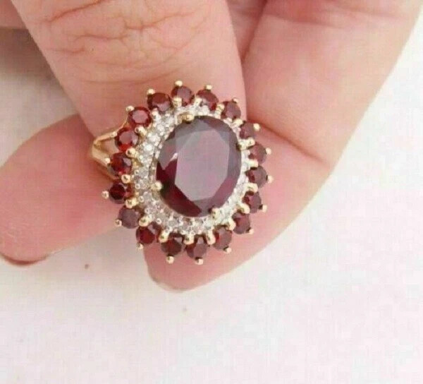 3.20Ct Oval Cut Red Garnet Double Halo Engagement Ring 14K Yellow Gold Finish