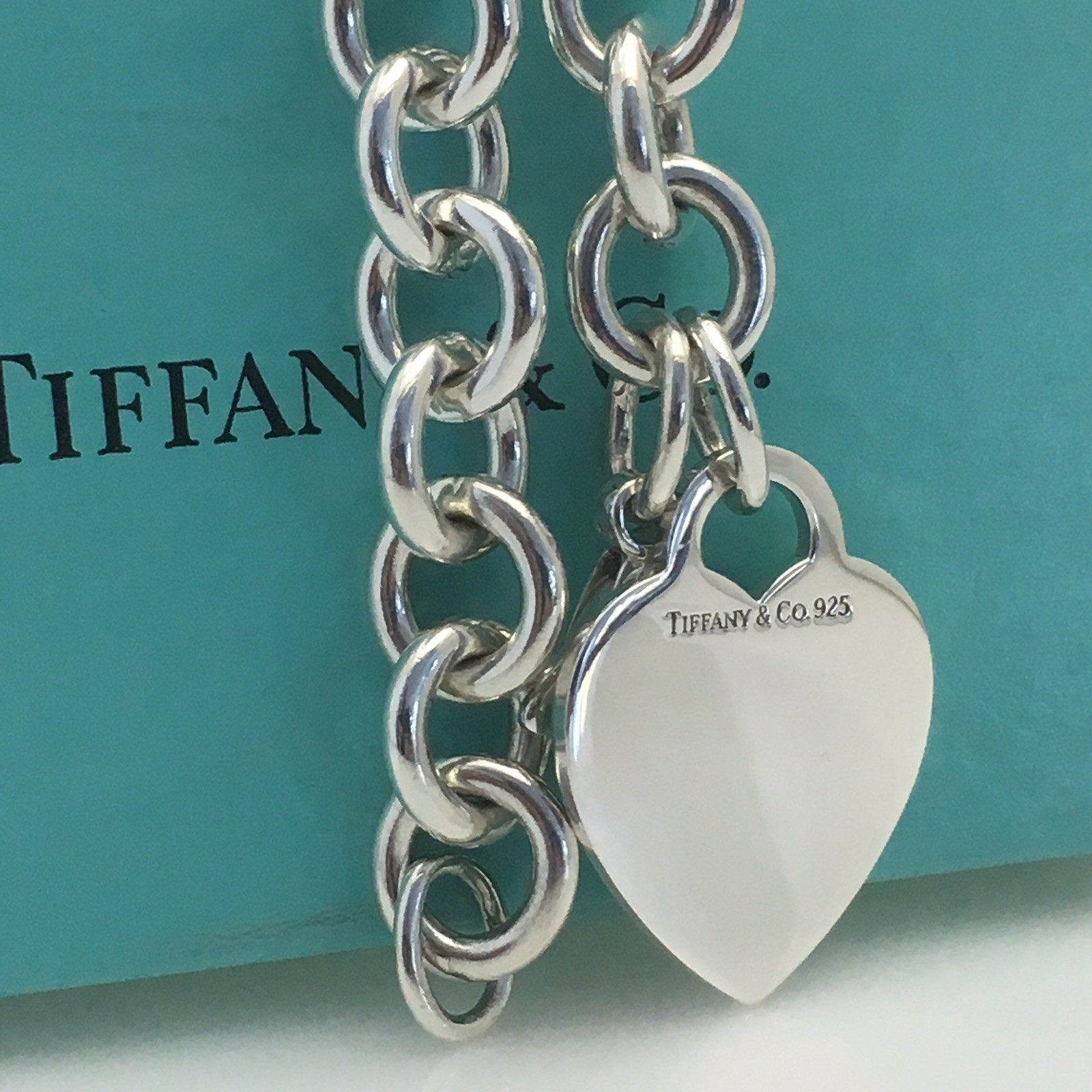8 inch Tiffany & Co Blank Heart Tag Charm Bracelet in Sterling Silver