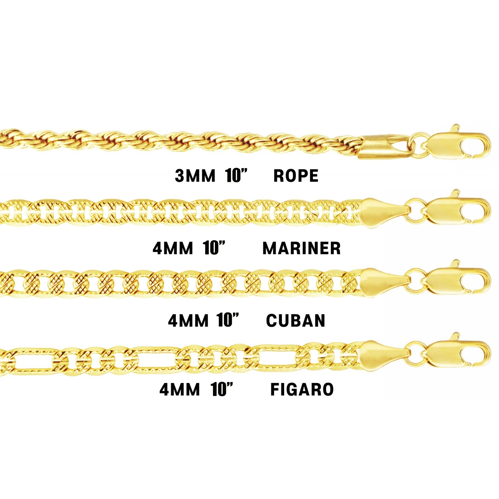 12PC Women 14K Stamped Brass Assorted Anklet 10″ Rope/Mariner/Cuban/Figaro Chain