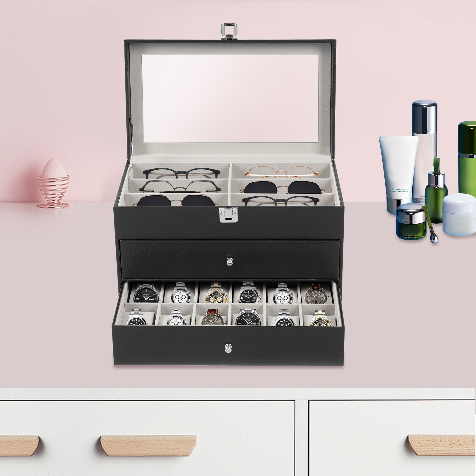 Sunglasses Case Watch Box Watch Case Jewelry Box and 12 Eyeglasses Storage