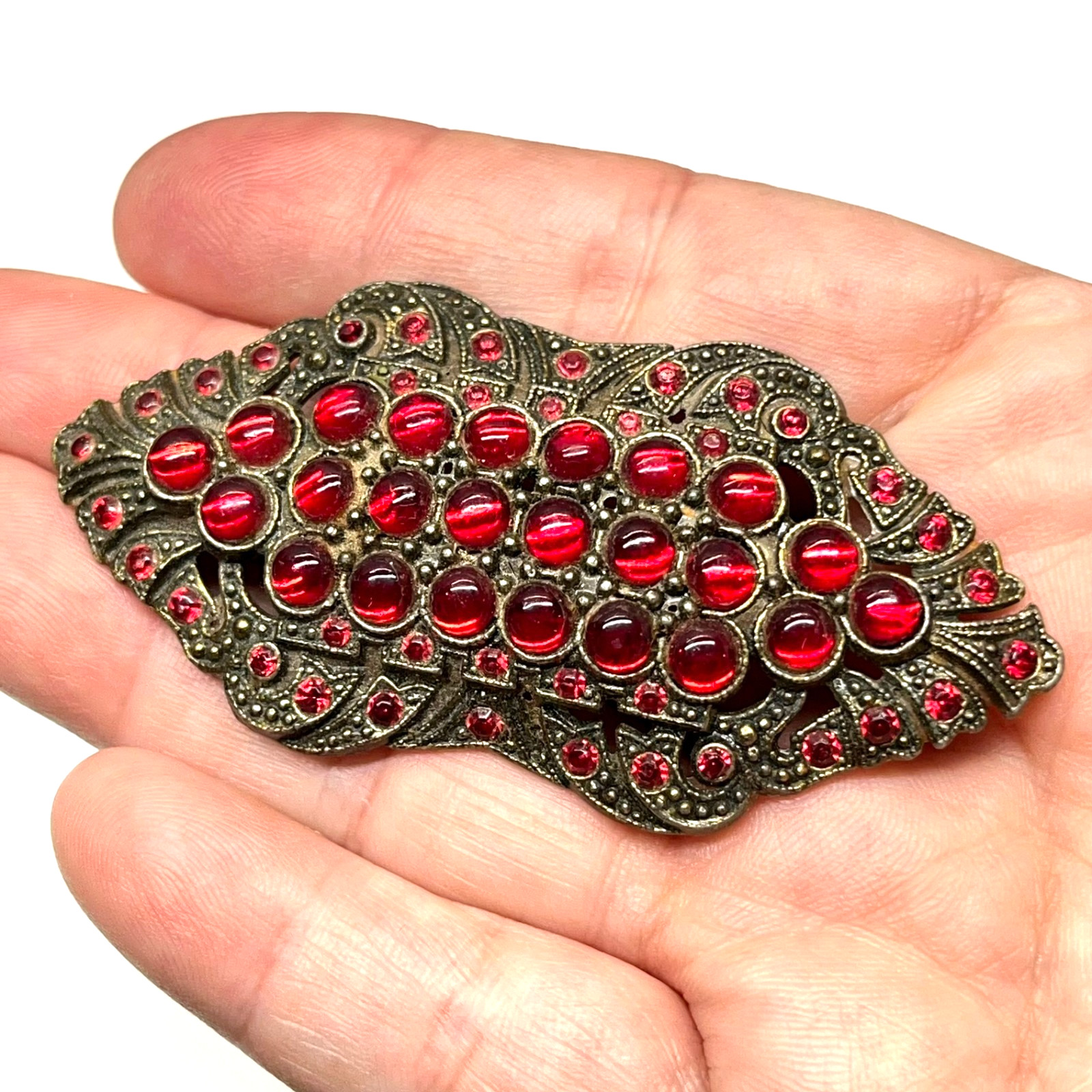 Antique VTG 1930s Art Deco Czech Bohemian Glass Pomegranate Red Cabochon Brooch