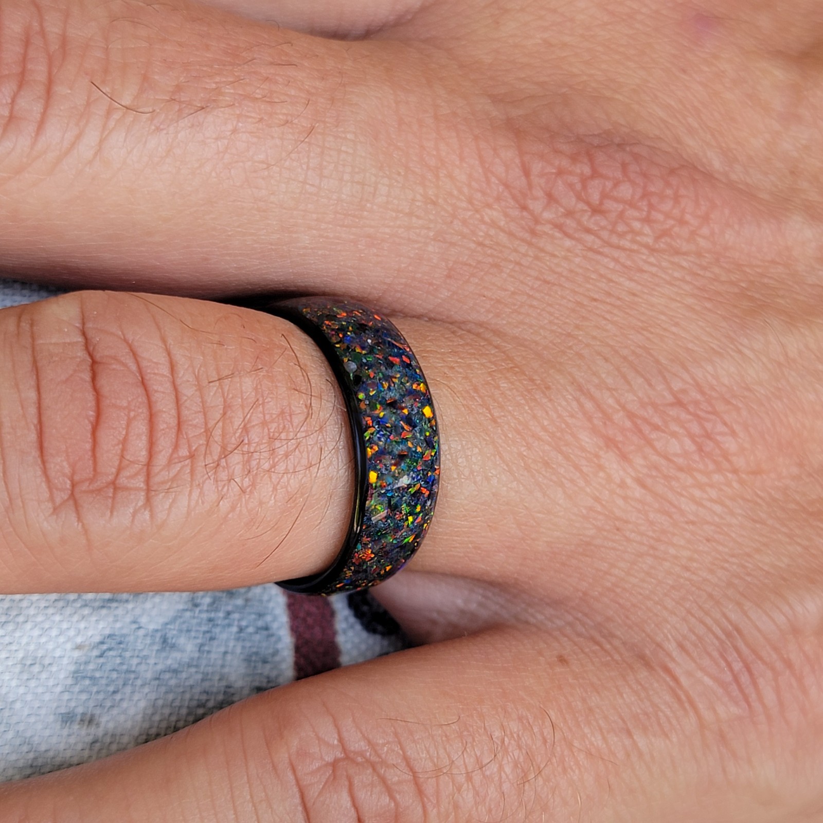 Carbon Fiber Ring with Fire Opal inlay – Handcrafted – Sizes 4-16 – Custom Width