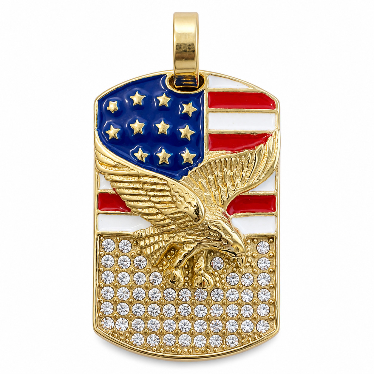 Iced 14K Gold Tone American Eagle USA Flag Pendant Patriotic Jewelry