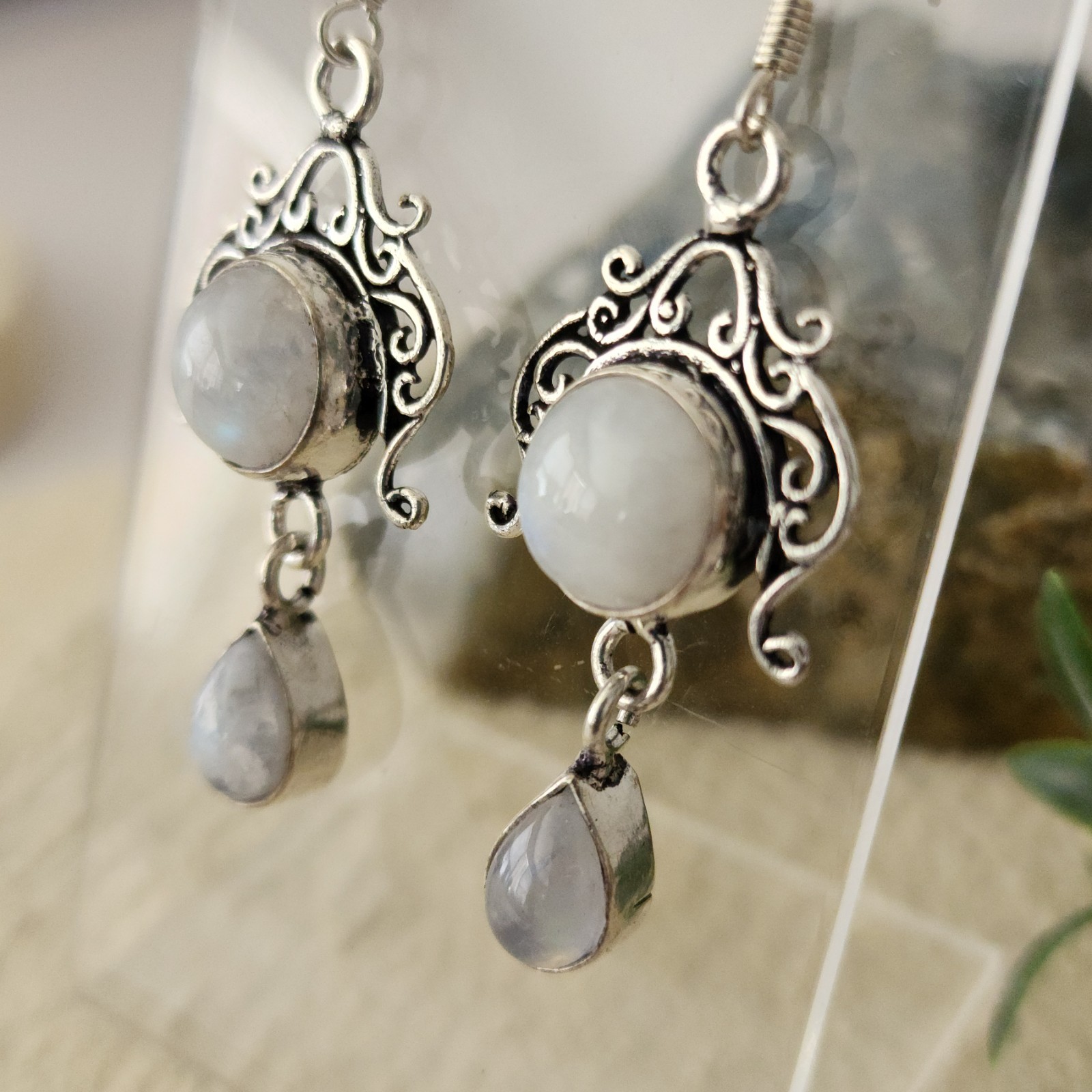 925 Overlay 12.2mm Rainbow Moonstone 2″ Drop Earrings