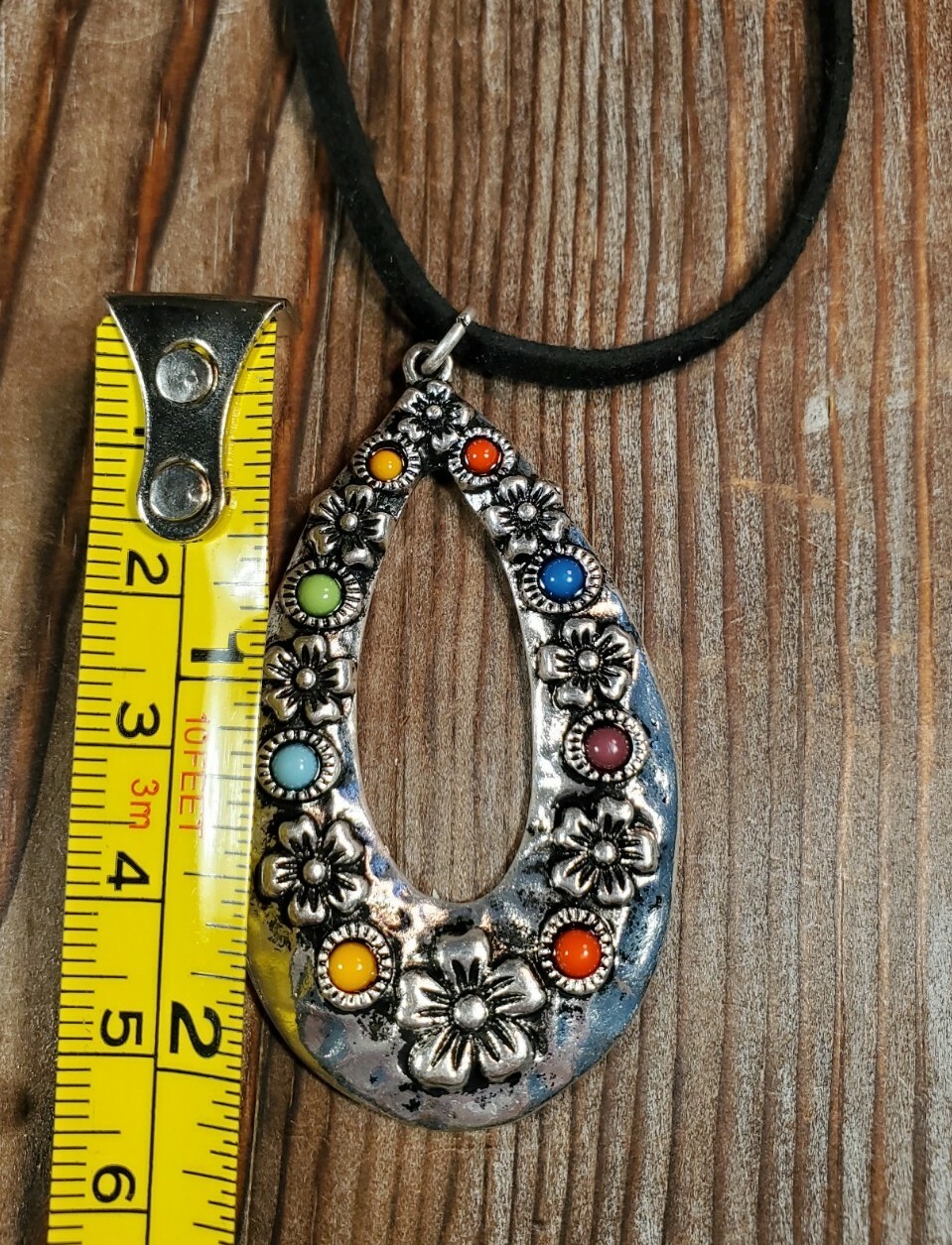 Multi color Silver Teardrop Pendant Necklace Black Suede Chakra Flowers 18-20″