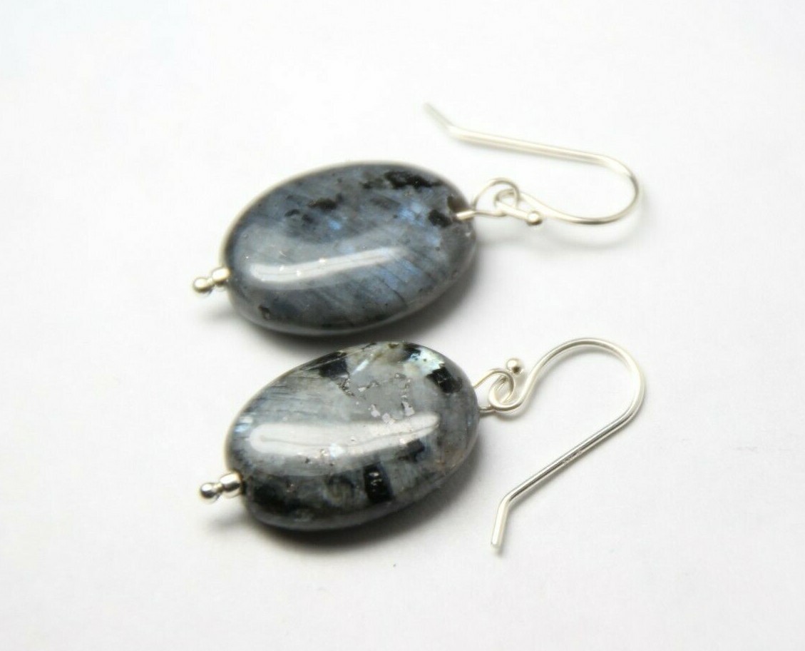 Larvikite Black Labradorite 13x 18mm Oval Gemstone .925 Sterling Silver Earrings