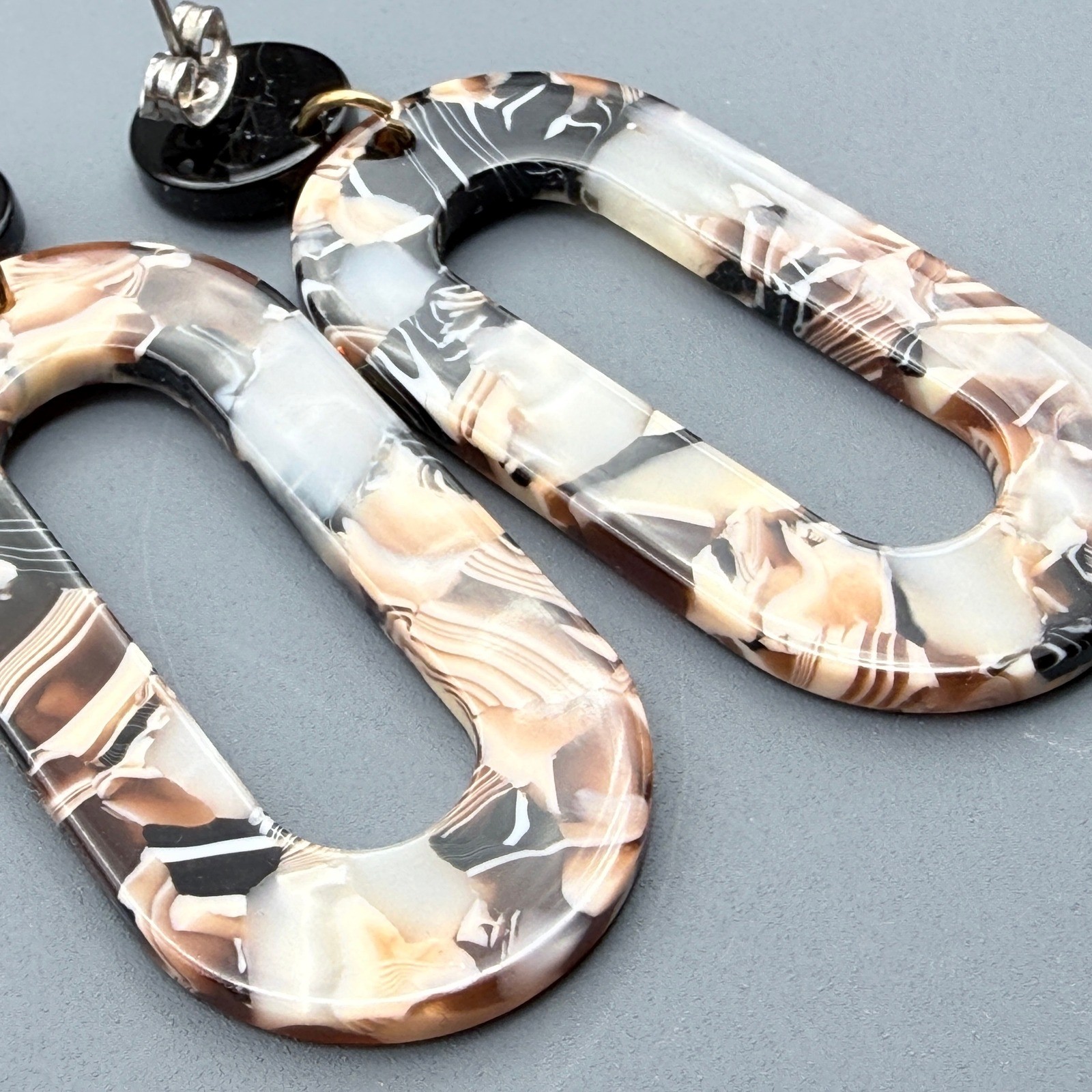 Acrylic Marble Earrings Lightweight Neutral Brown Black White Acetate Oval Drops